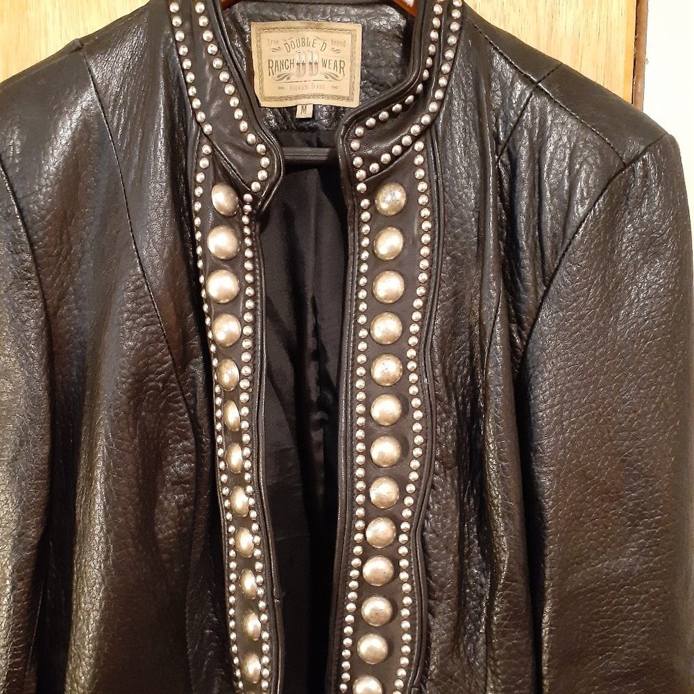 Vintage DD Ranchwear Black Leather Jacket with Faux Silver Studs